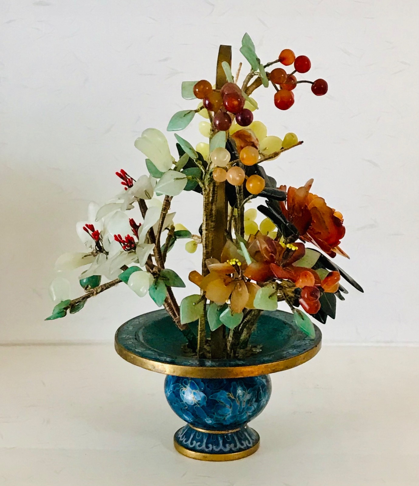 Chinese Cloisonne Jade Tree Flower Basket 8″ Inches Tall