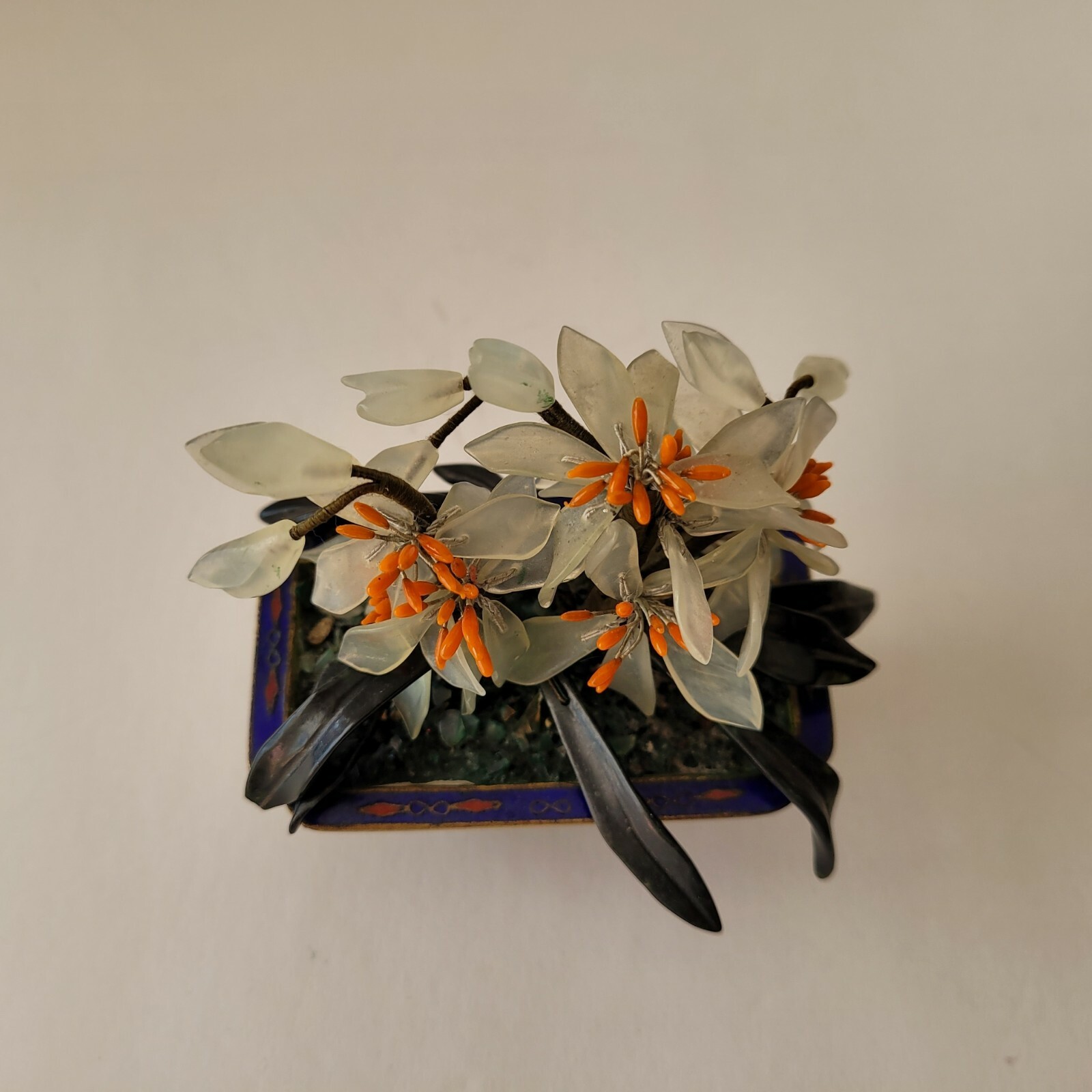 Stone Bonsai in Cloisonne Planter Flower Pot Quartz Jade