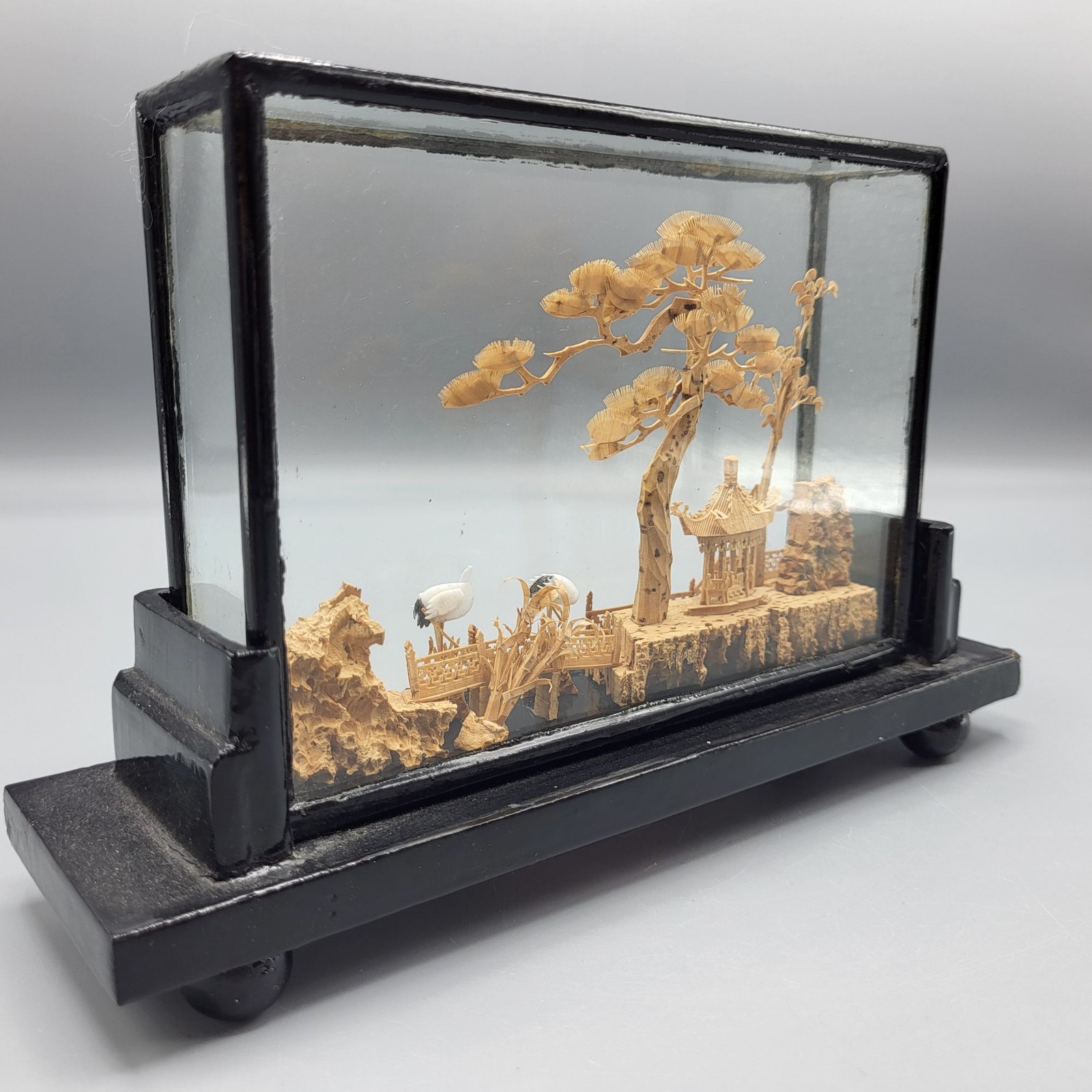 Vtg Chinese Hand Carved Cork Diorama Cranes Black Lacquer Art Stand 5″ x 7.75″