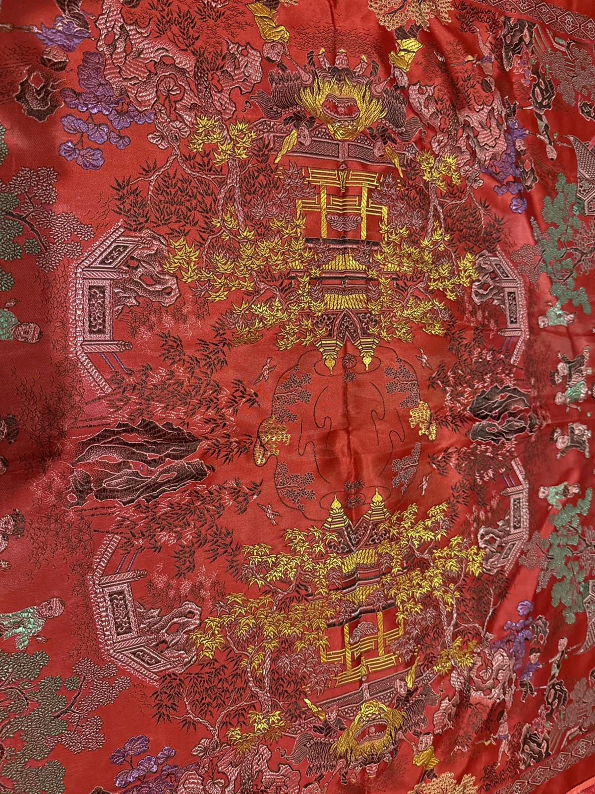 Vintage Brocaded Flowers Chinese Silk Tapestry Table Cloth 38” X 38”
