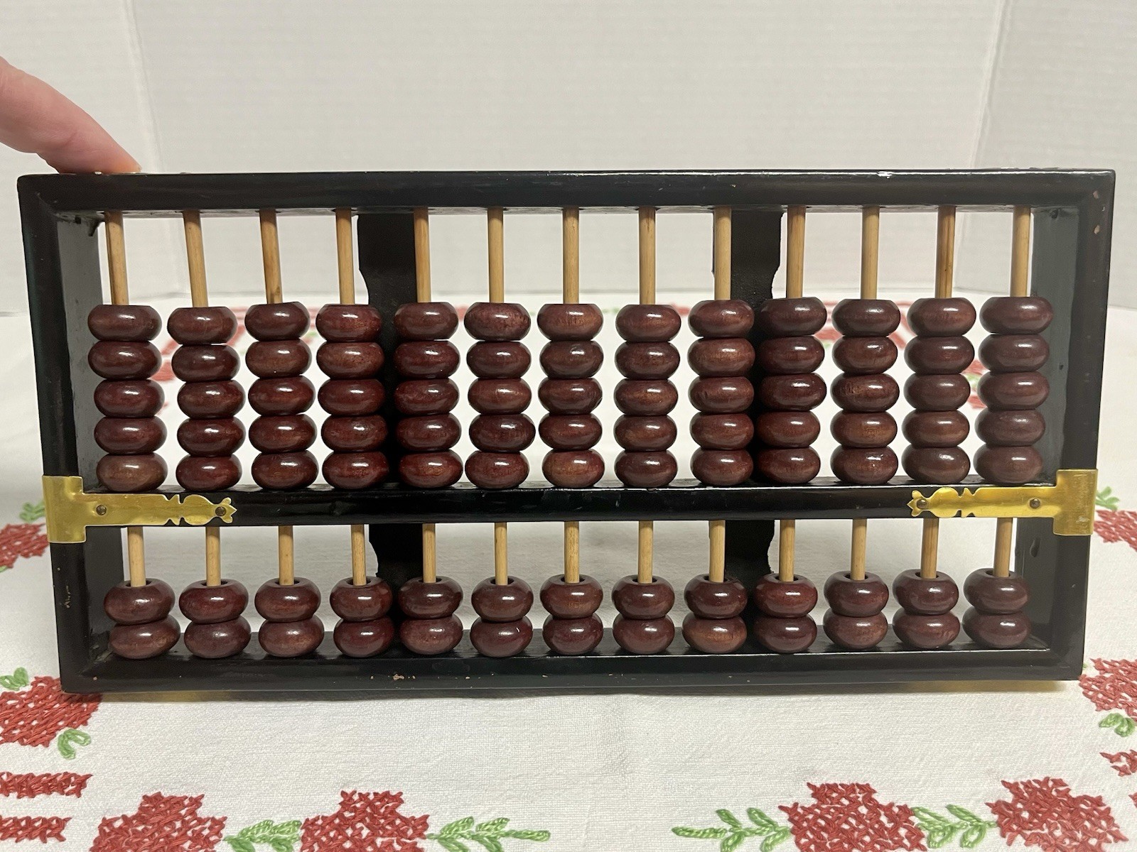 Vintage Chinese abacus black wooden frame brown beads brass reinforcements