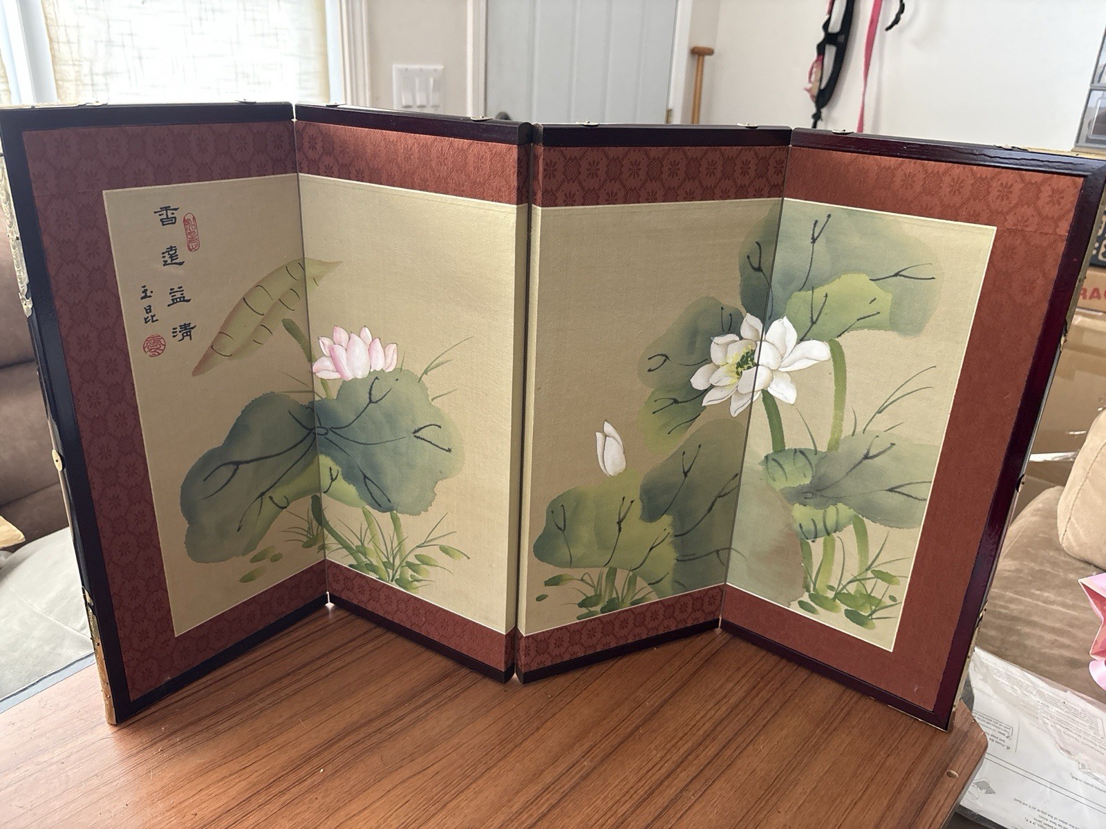 Vintage Chinese Tabletop Folding Screen 4 Panel Lotus Blossom Art 32×17