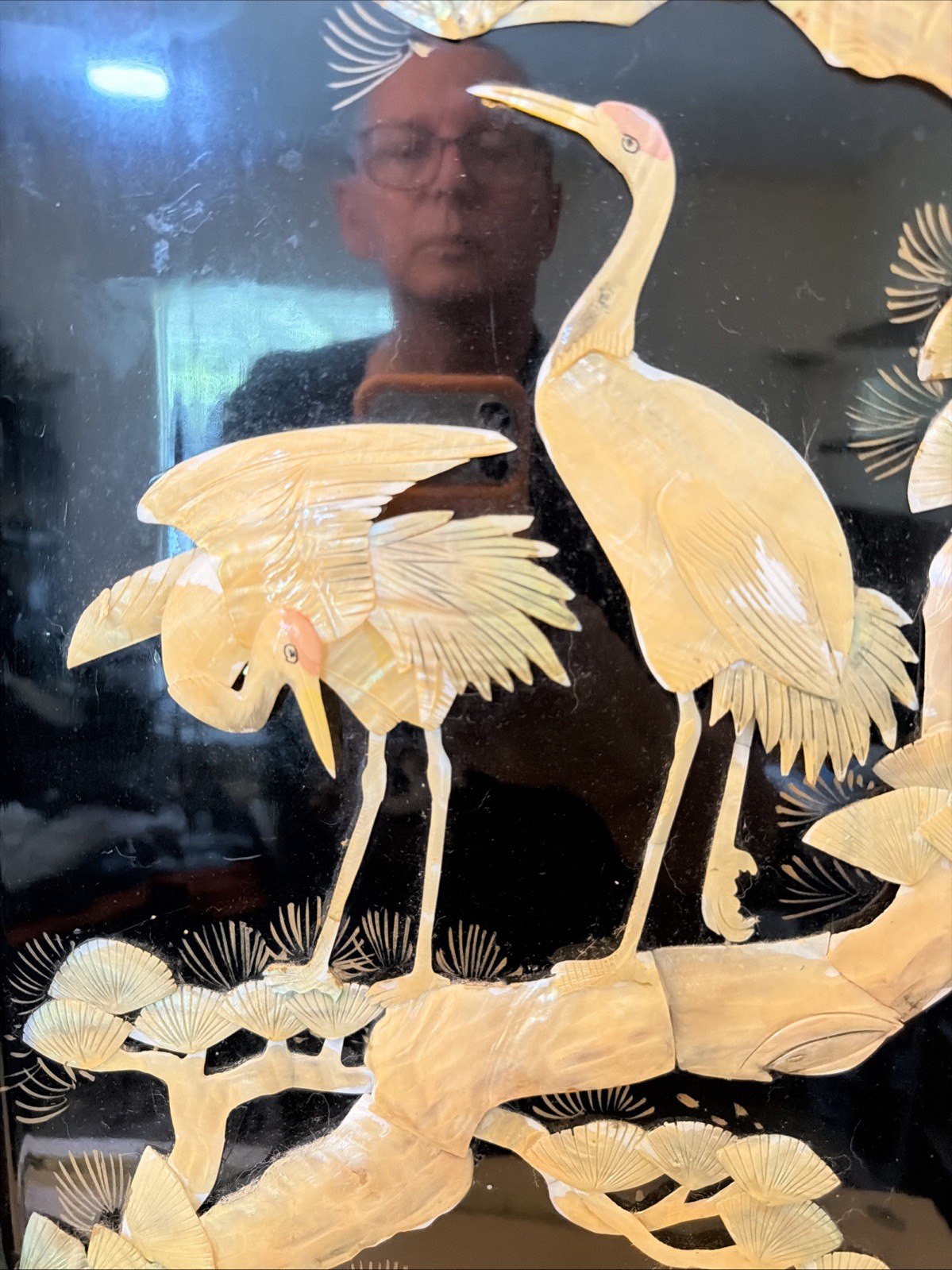 VTG 50’s Chinese Panel Carved Mother of Pearl Birds Crane Tree Black Lacquered