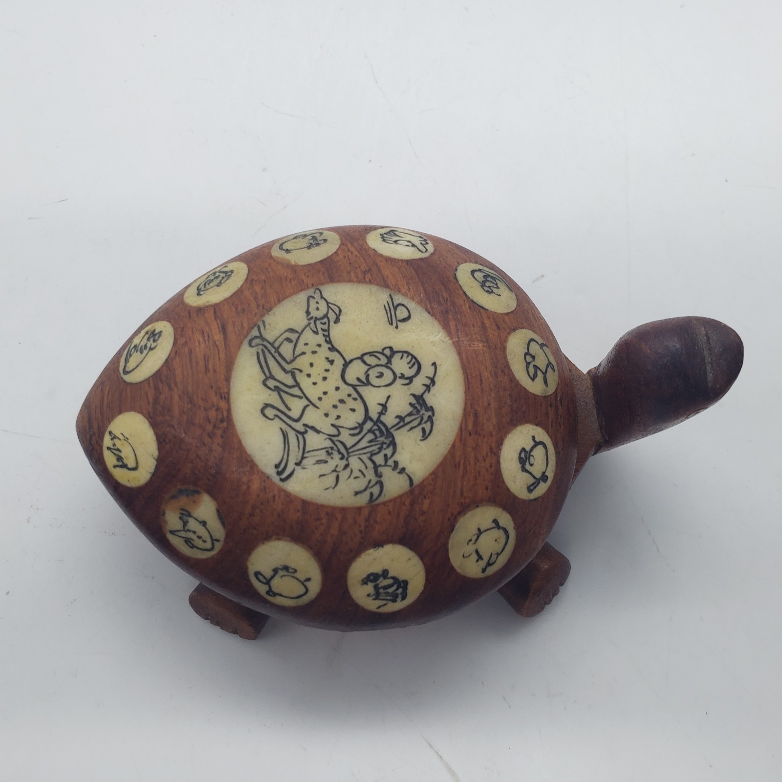 Vintage Carved Wood Turtle with Inlaid Chinese Zodiac Signs Opens to Compass