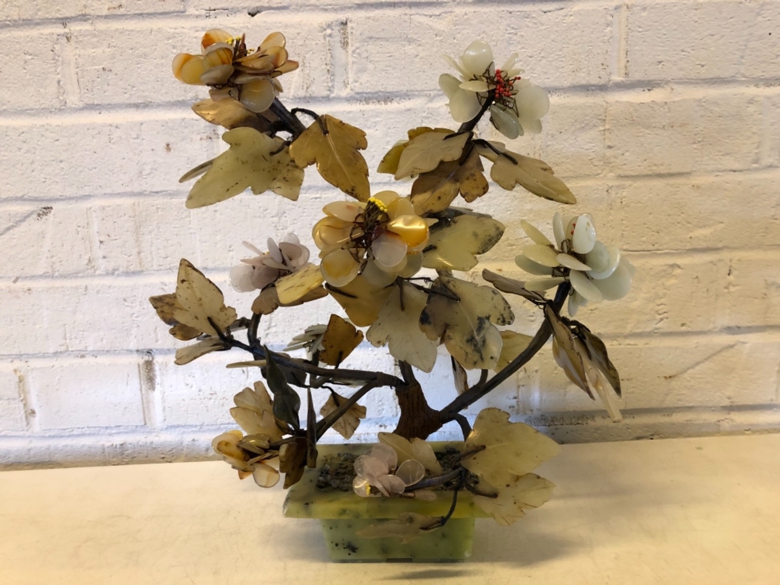Vintage Asian Chinese Jade Mineral Multicolored Bonsai Tree with Base