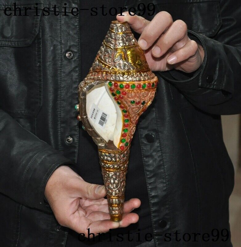 10″Tibet Buddhism bronze Gilt silver Filigree Inlay gem Conch Trumpet Horn Shell