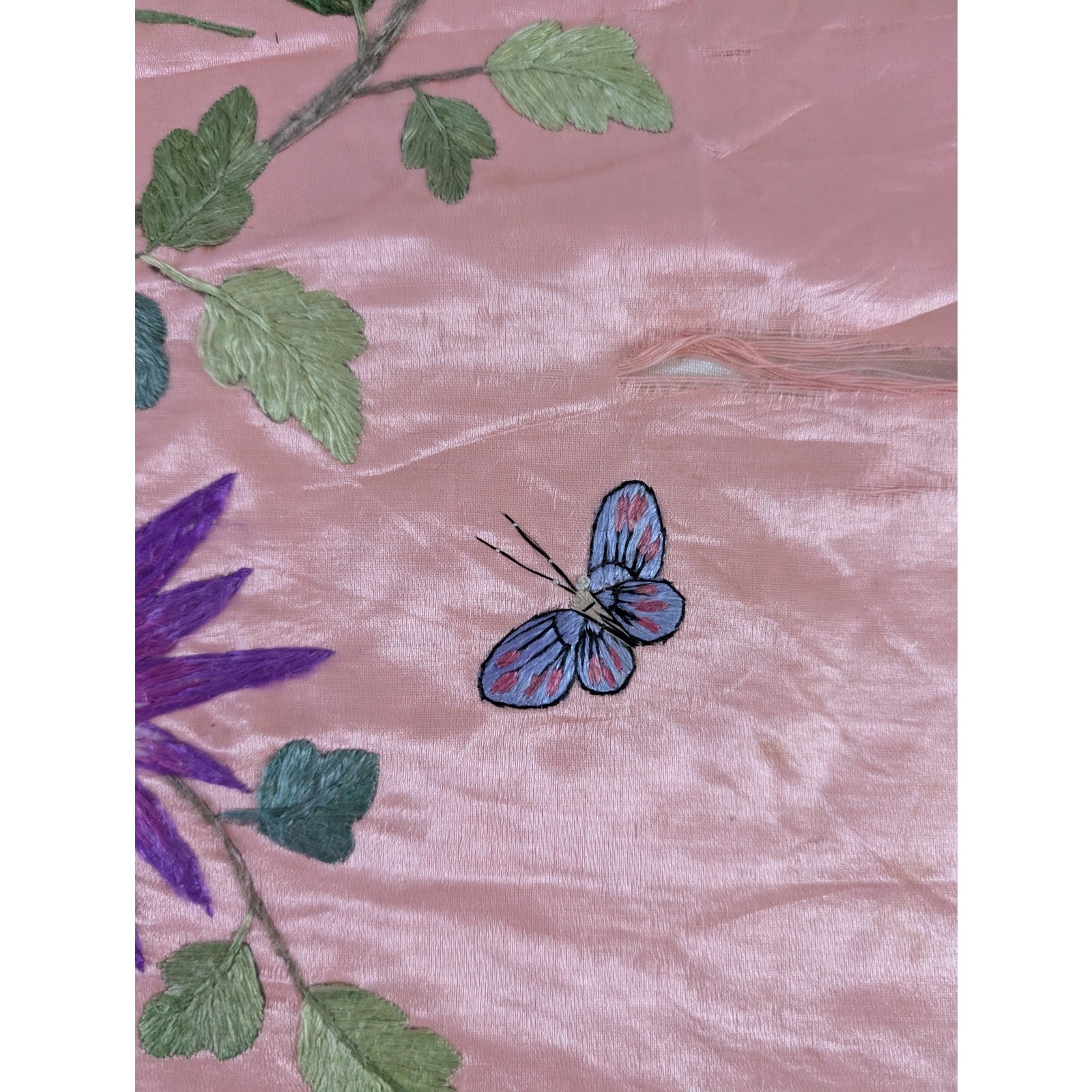 Vintage Chinese Hand Embroidered Floral & Butterfly Silk Textile 23x18in