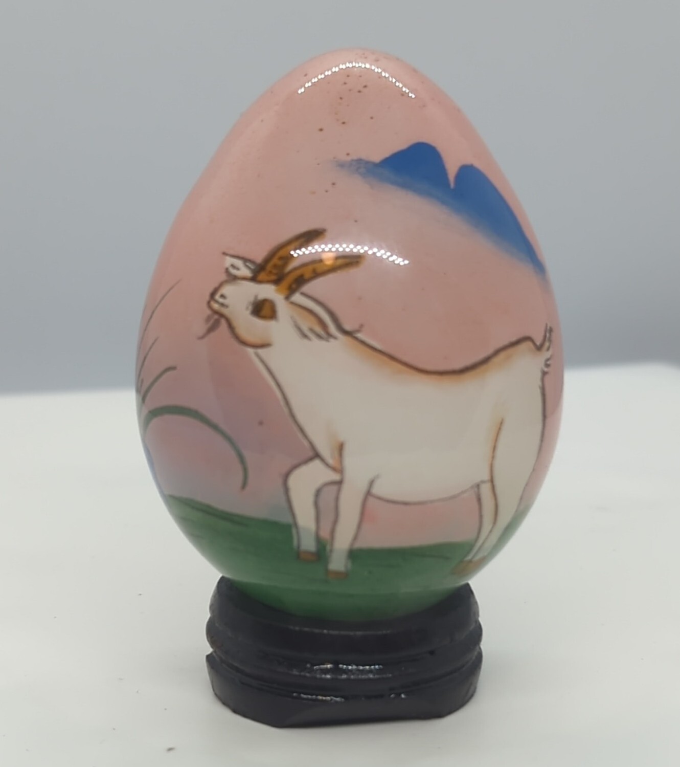 Chinese Reverse Hand-painted Art Glass Egg Depicting White Goat w/Stand 3.25″H
