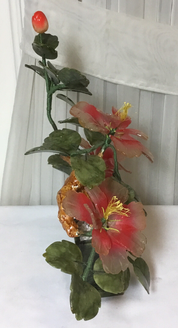 Vintage Chinese Hand Carved Jade Pink Flowering Bonsai Tree Plant14.5”H x 14”W