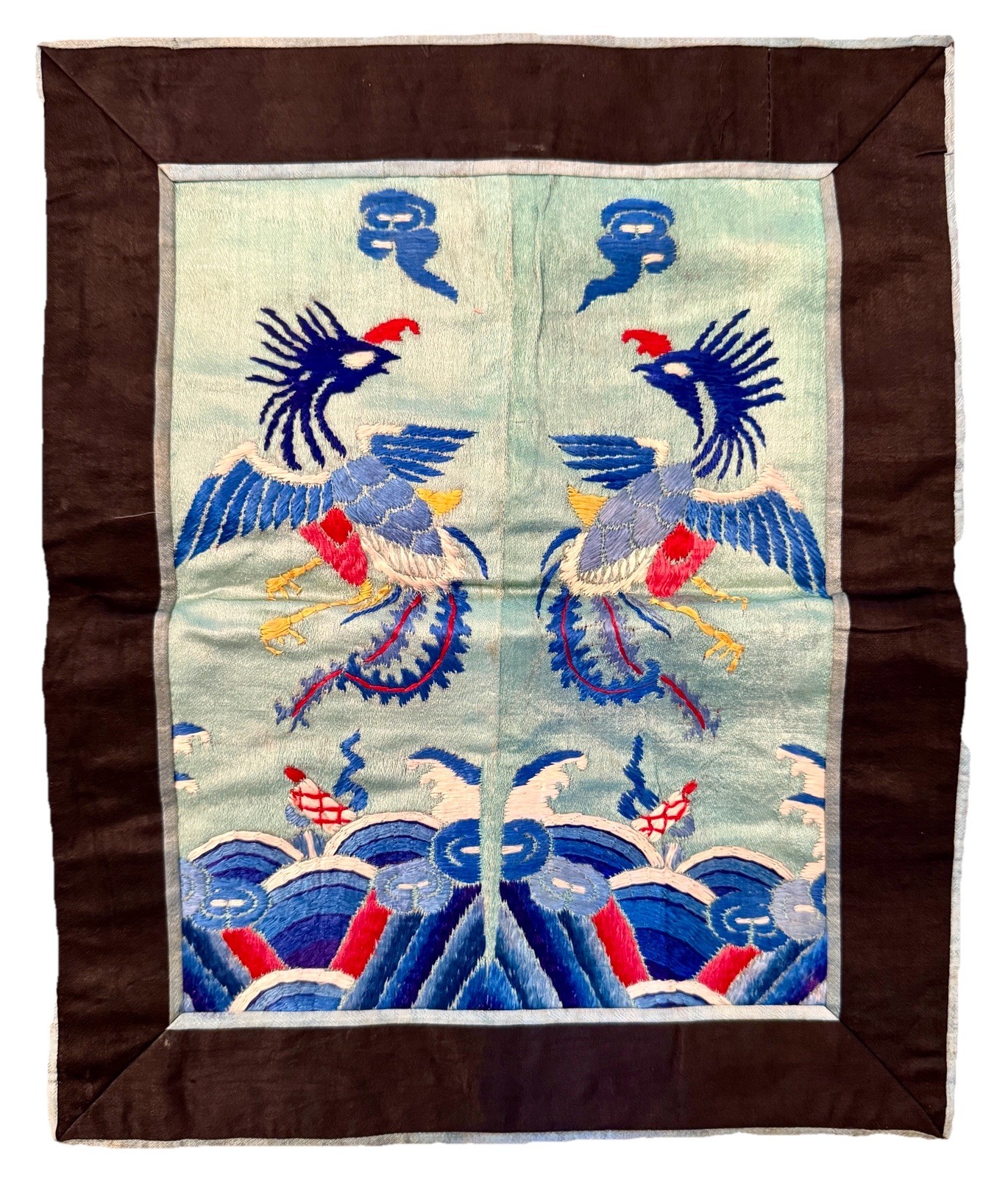 Vtg Antique CHINESE RANK BADGE Embroidery SILK Birds Clouds Mountains 9.5″x11″