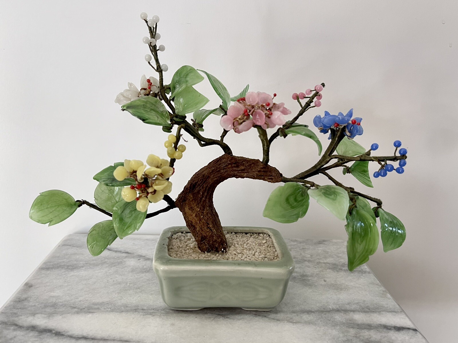 Vintage Chinese Jade Stone Glass Bonsai Mineral Tree Multi Color 9×8”