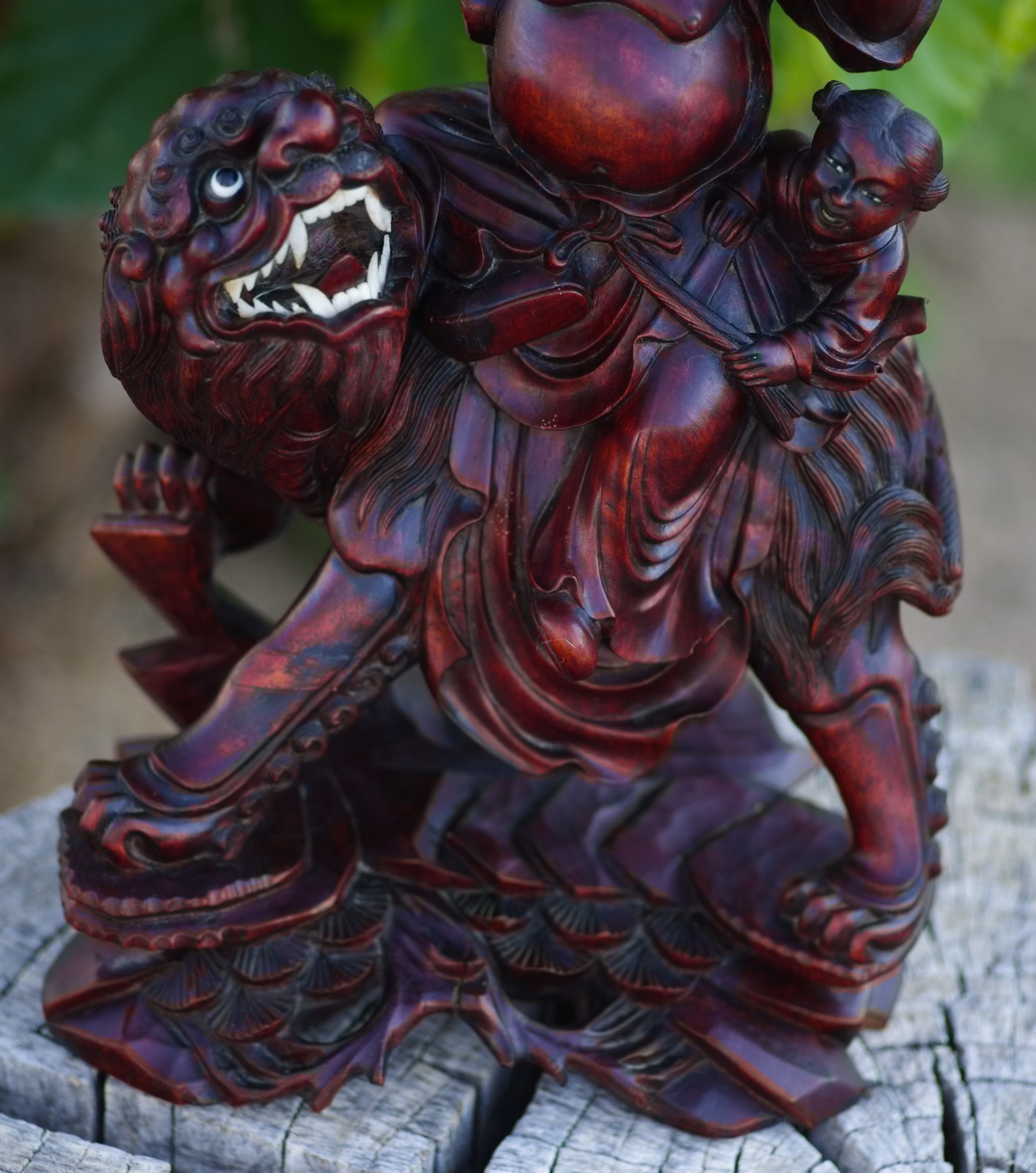 Boxwood Hand Carved Buddha Riding Foo Dog Large 16″ China 1950s MAGNIFICENT ART!
