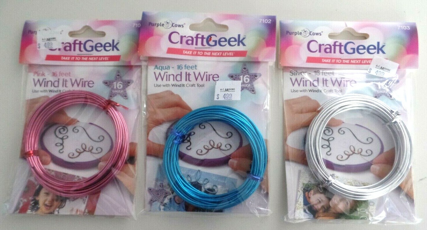 WIND IT CRAFT GEEK WIRE..LOT OF 3..PINK-BLUE-SILVER-16 GAUGE–16 FEET