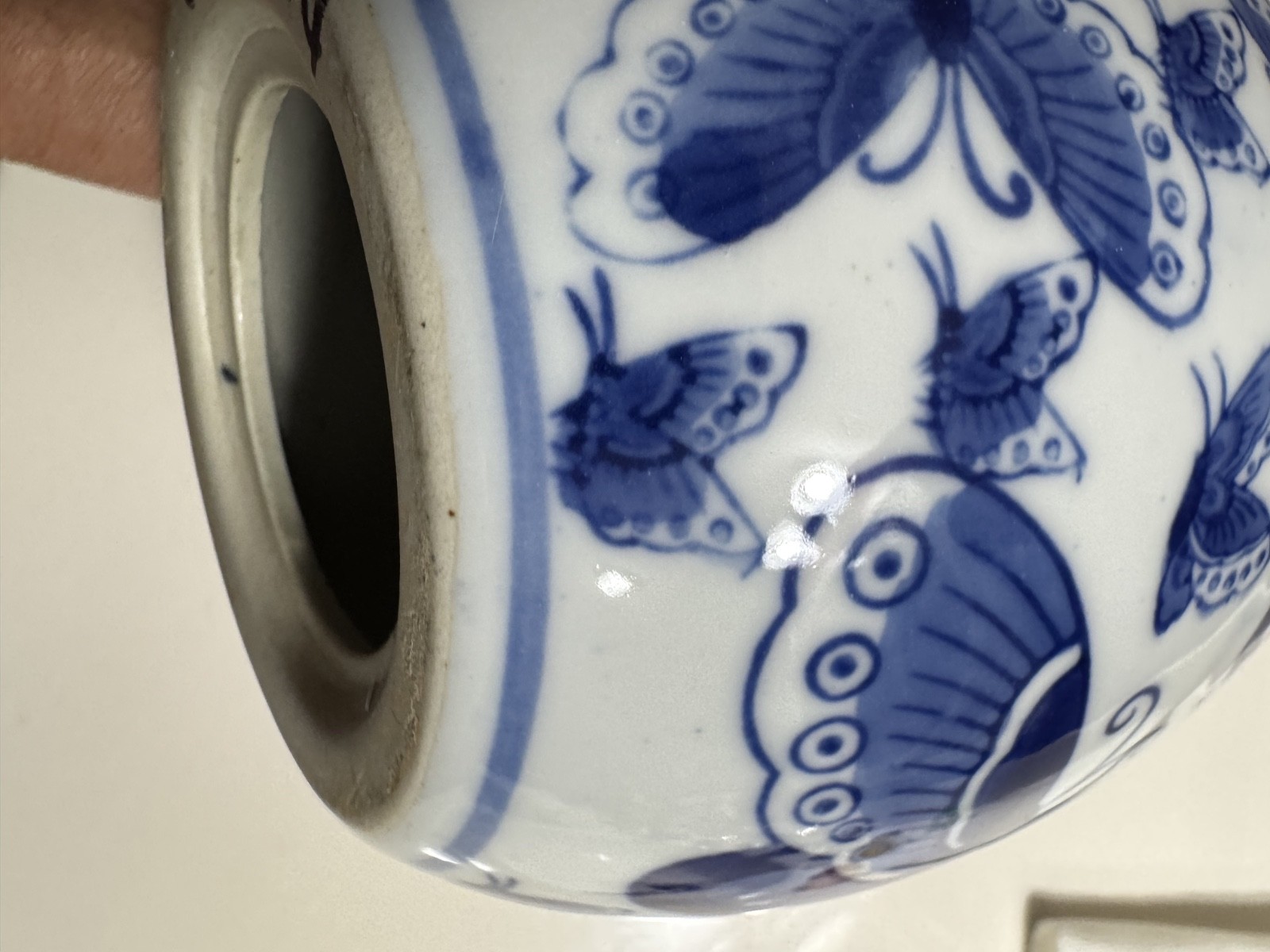 VTG Blue & White 7.5” Ceramic Butterfly Porcelain Chinoiserie Decorative Egg