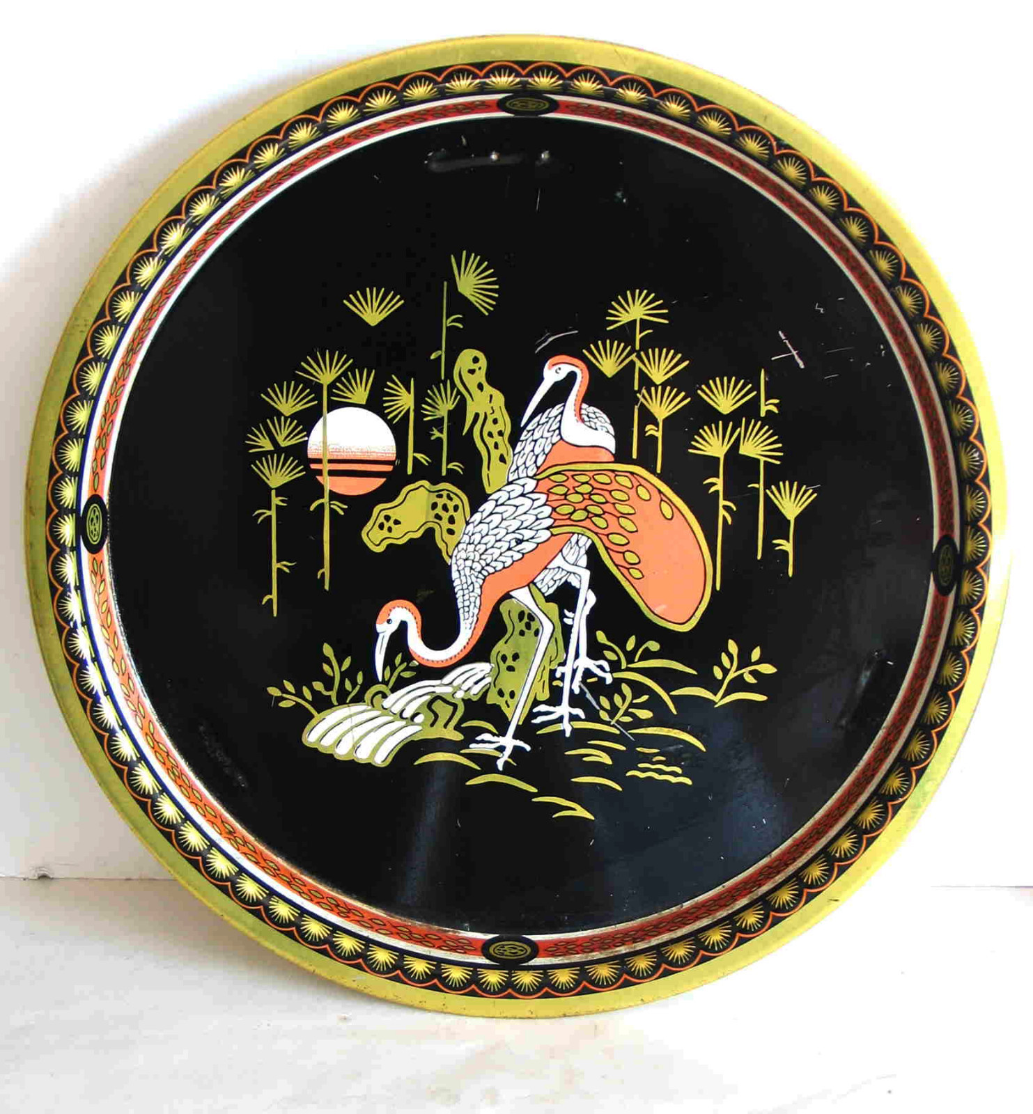 Asian Design Vintage METAL Tray 12.75″ Peacocks Gold Orange Blk White FREE SH