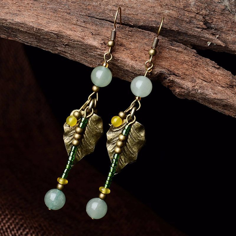 China Dongling Jade/Agate/Alloy Plume Tassels Tibetan Style Earbob Earrings
