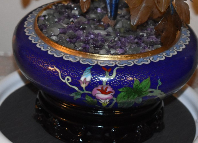 12″ VINTAGE BONSAI PEKING JADE TREE IN CLOISONNE BOWL W/EBONY HANDCARVED STAND