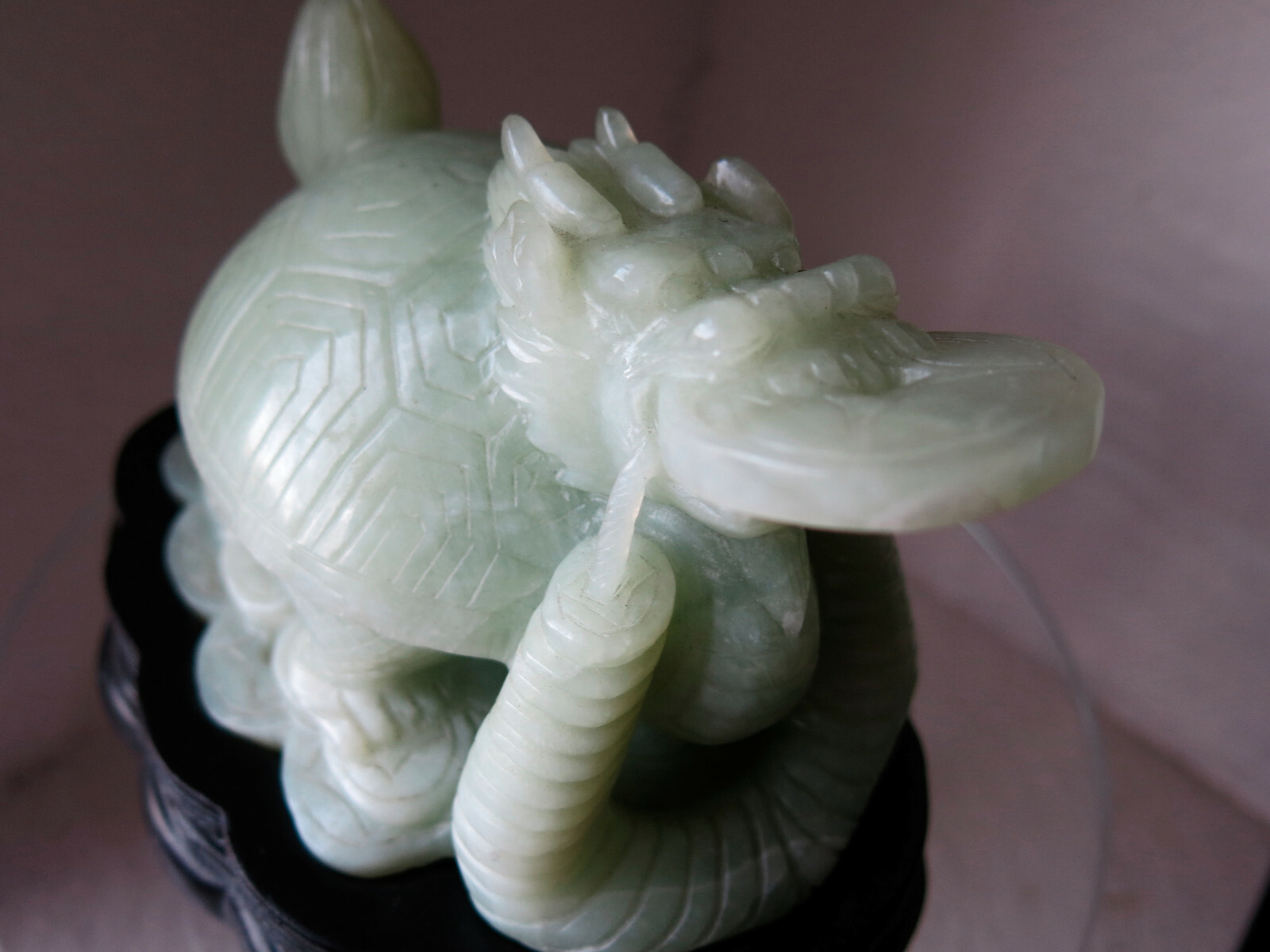 Asian Carved Jade Turtle – Many Symbols: Foo Dog Head, Coin in Mouth