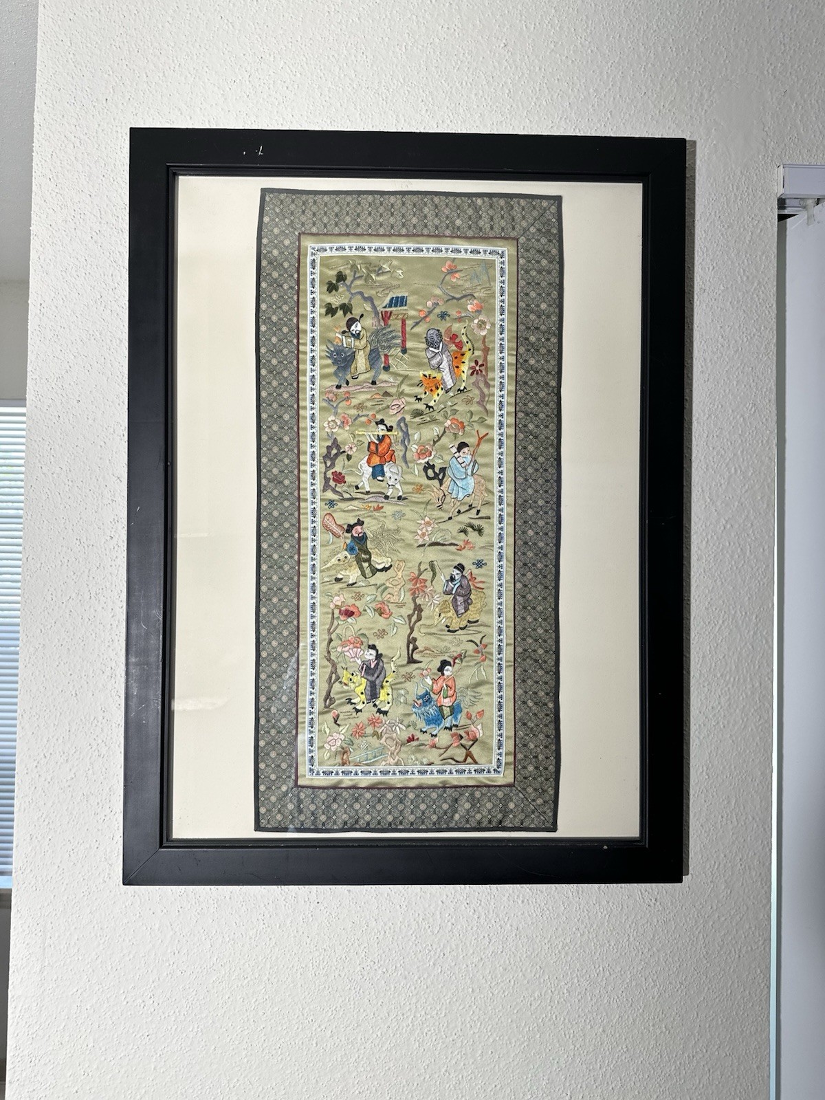Chinese hand embroidered silk Art Piece Framed. The Actual Piece 27 X 13”