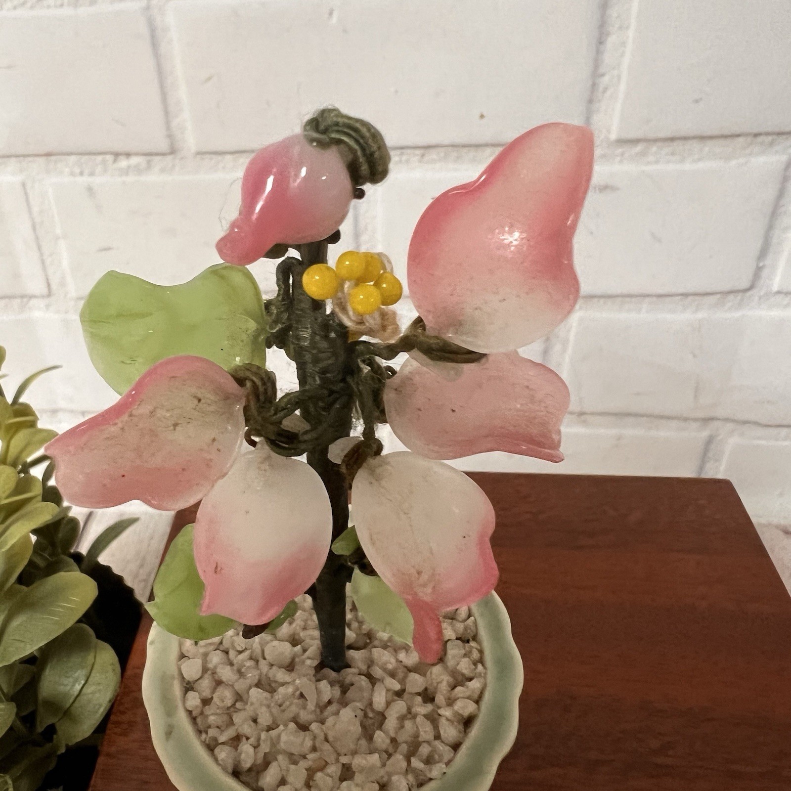 Vintage Jade Glass Bonsai Tree pink Flower Rose Quartz Celadon Pot small 4”