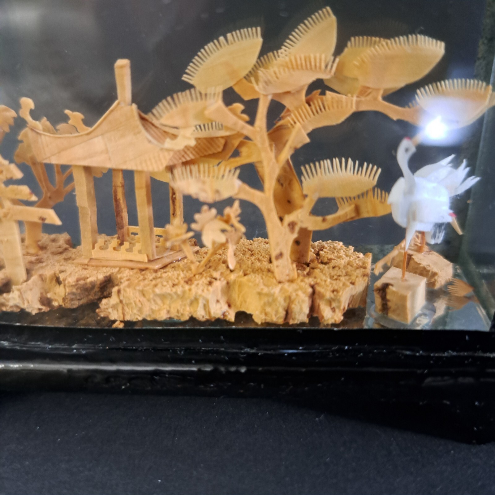 Carved Chinese Cork Diorama Shadow Box Sculpture In Glass Cranes Trees Pagoda