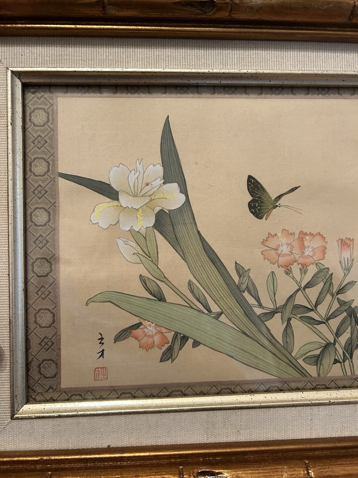 Vintage Chinese Silk Handpainted Bird Art In Gold Bamboo Frames 14×12” – 2