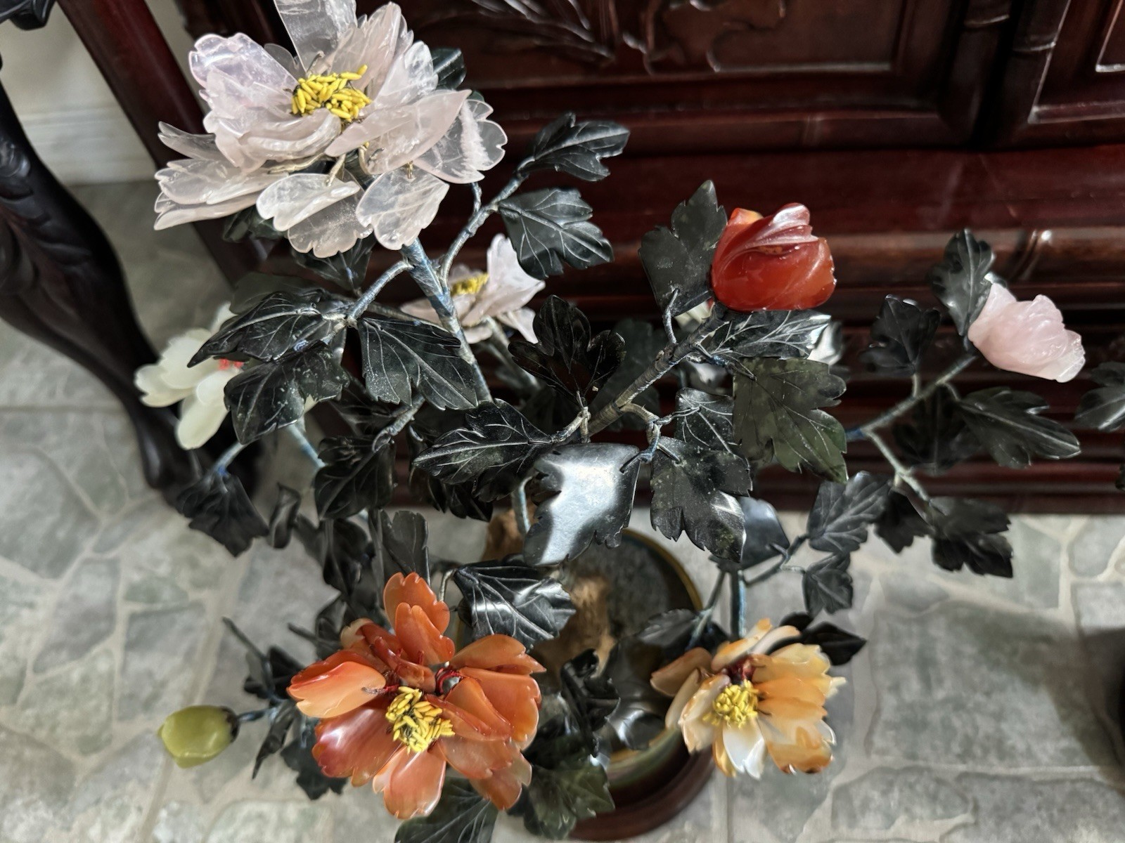 SET PAIR of matching 15” High JADE stone flower tree bonsai with cloisonné Pot