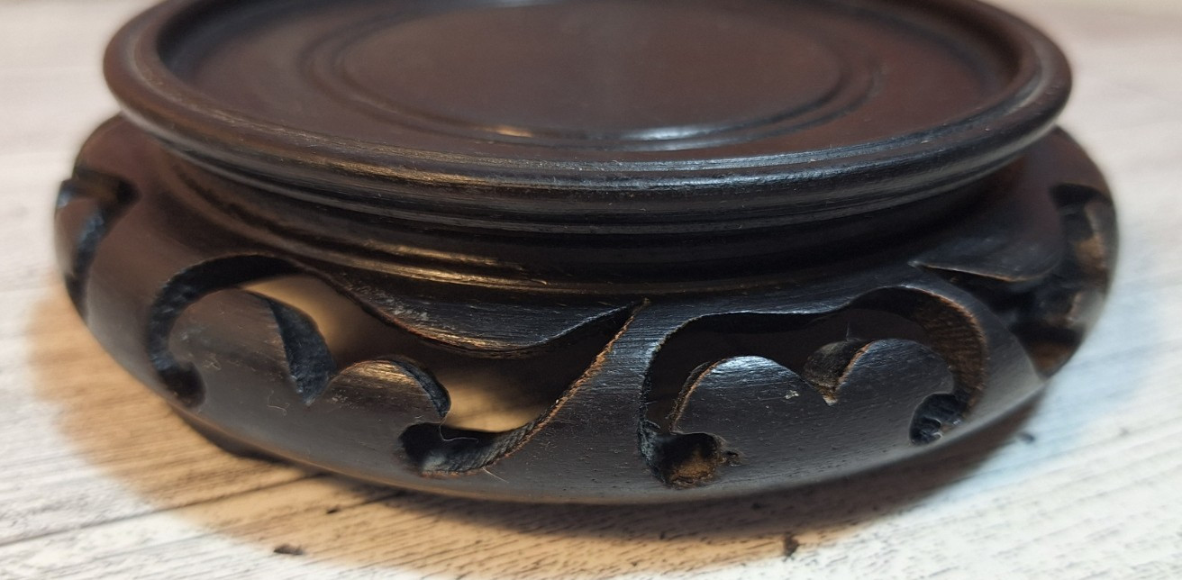 Vintage Chinese Carved Wood Vase Stand, 4.5″ Wide Base 1 1/2″ Tall