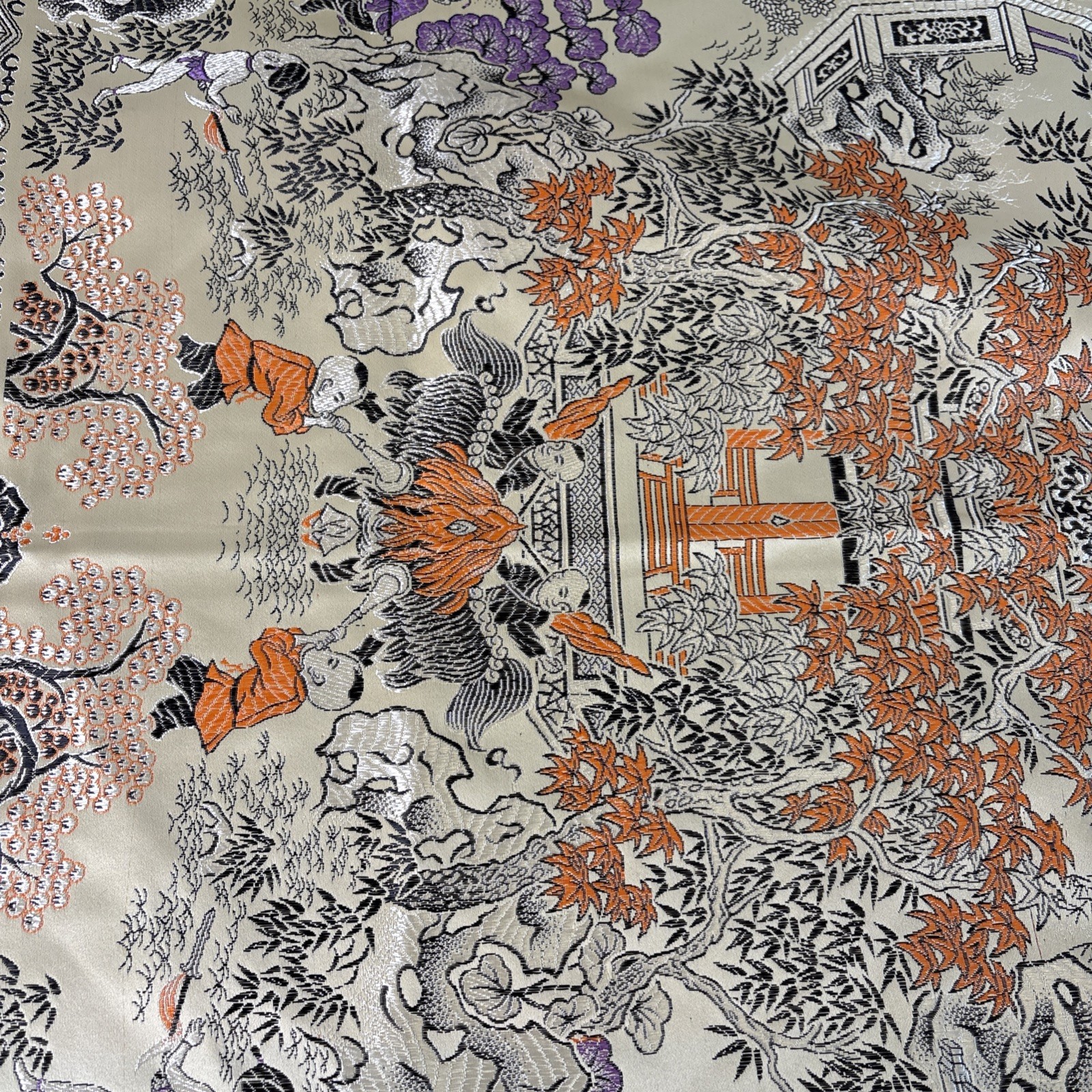 Vtg Brocaded Flowers Chinese Silk Scenic Square Tapestry Table Cloth 46″ X 48″