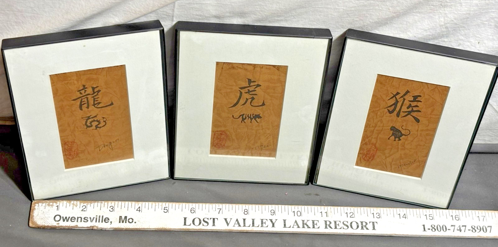 Lot 3 vintage 5×7 Chinese ZODIAC Calligraphy Art TIGER DRAGON MONKEY Signed Red