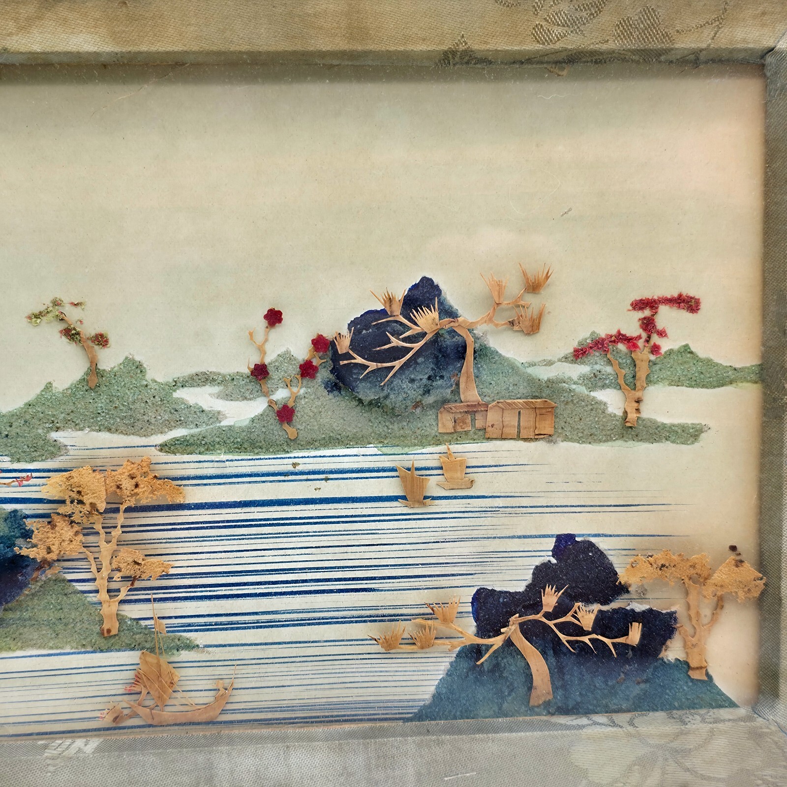 Chinese Intricate Scenery Sculpted Cork Diorama in Shadow Box Frame Watercolor