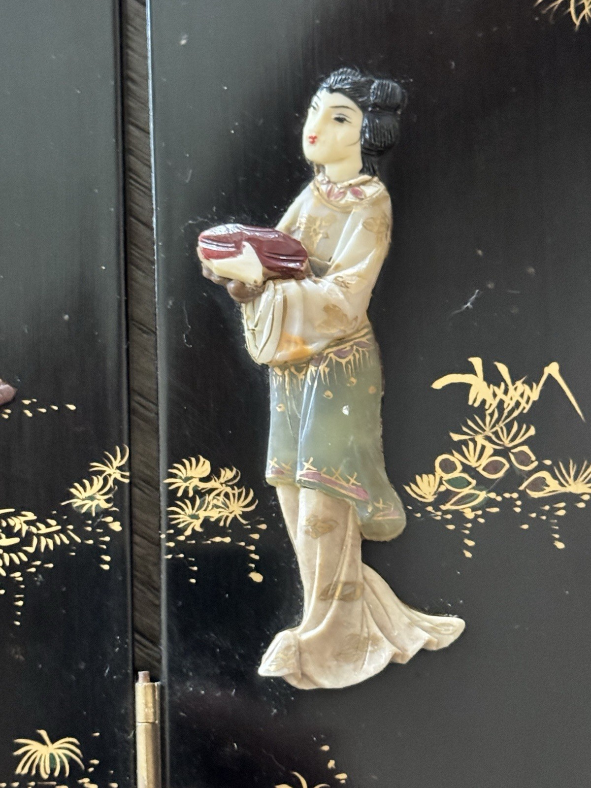 Vintage Table Top Chinese Folding Screen Carved Mother of Pearl Asian 4-Panel