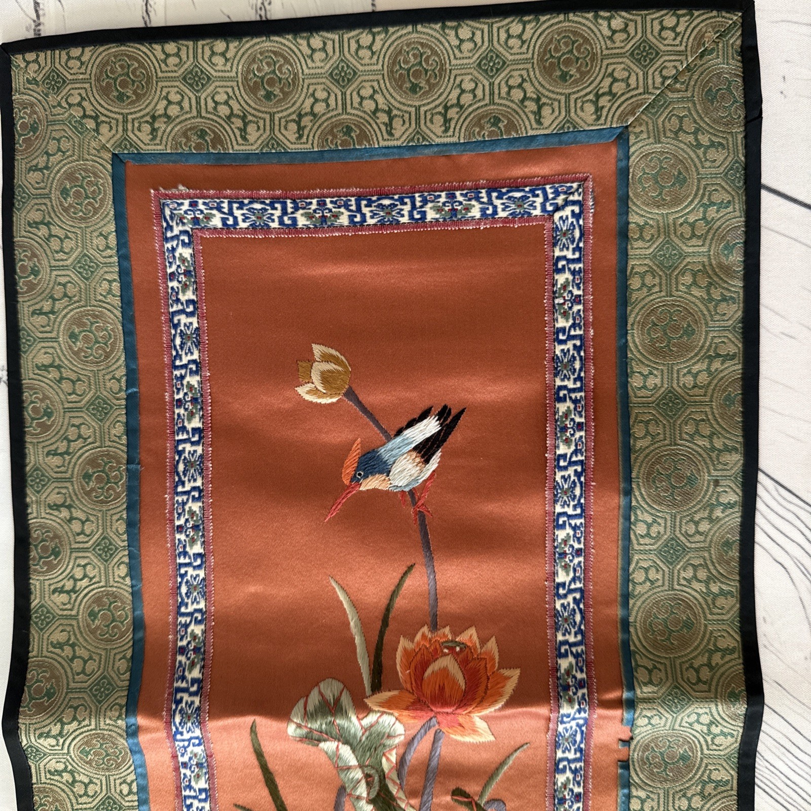 VTG Chinese Embroidered Silk Tapestry Panels Set 3 Birds & Flowers 17”x9.5”& 11″