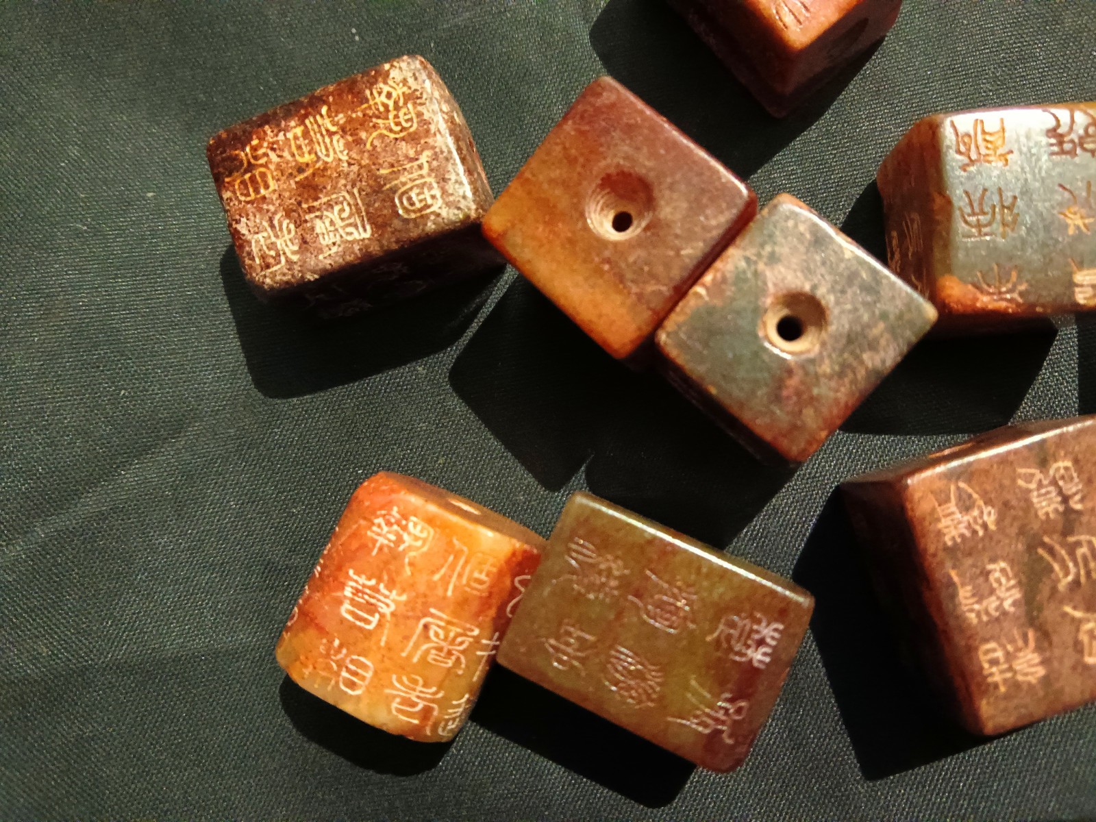 10 Pcs Unusual Chinese Old Jade Hand Carved *Poem* Square Cong Beads