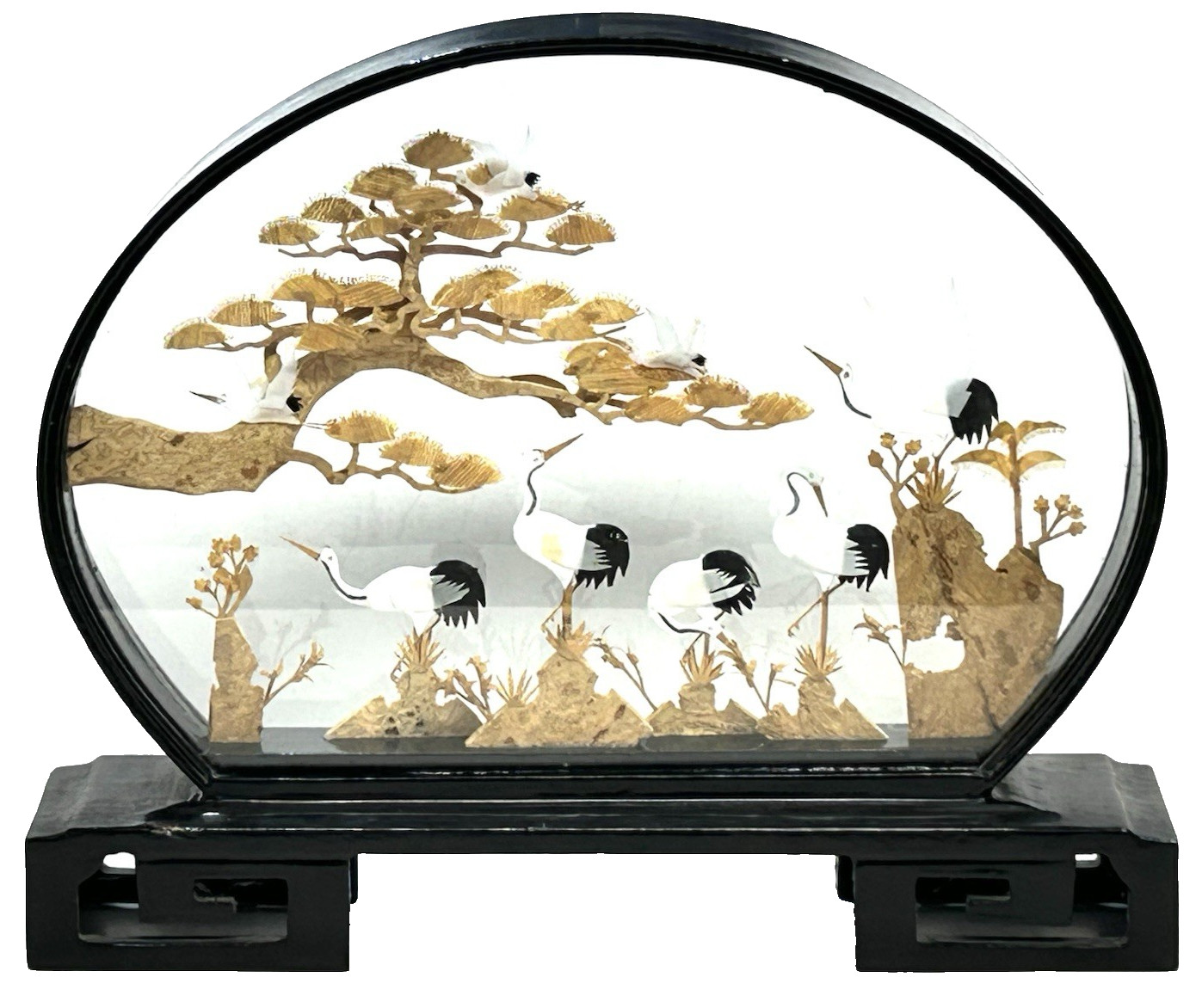 VTG CHINESE WOOD CARVED CORK ART 3D DIORAMA CRANES BIRDS PAGODA GARDEN 11 X 9