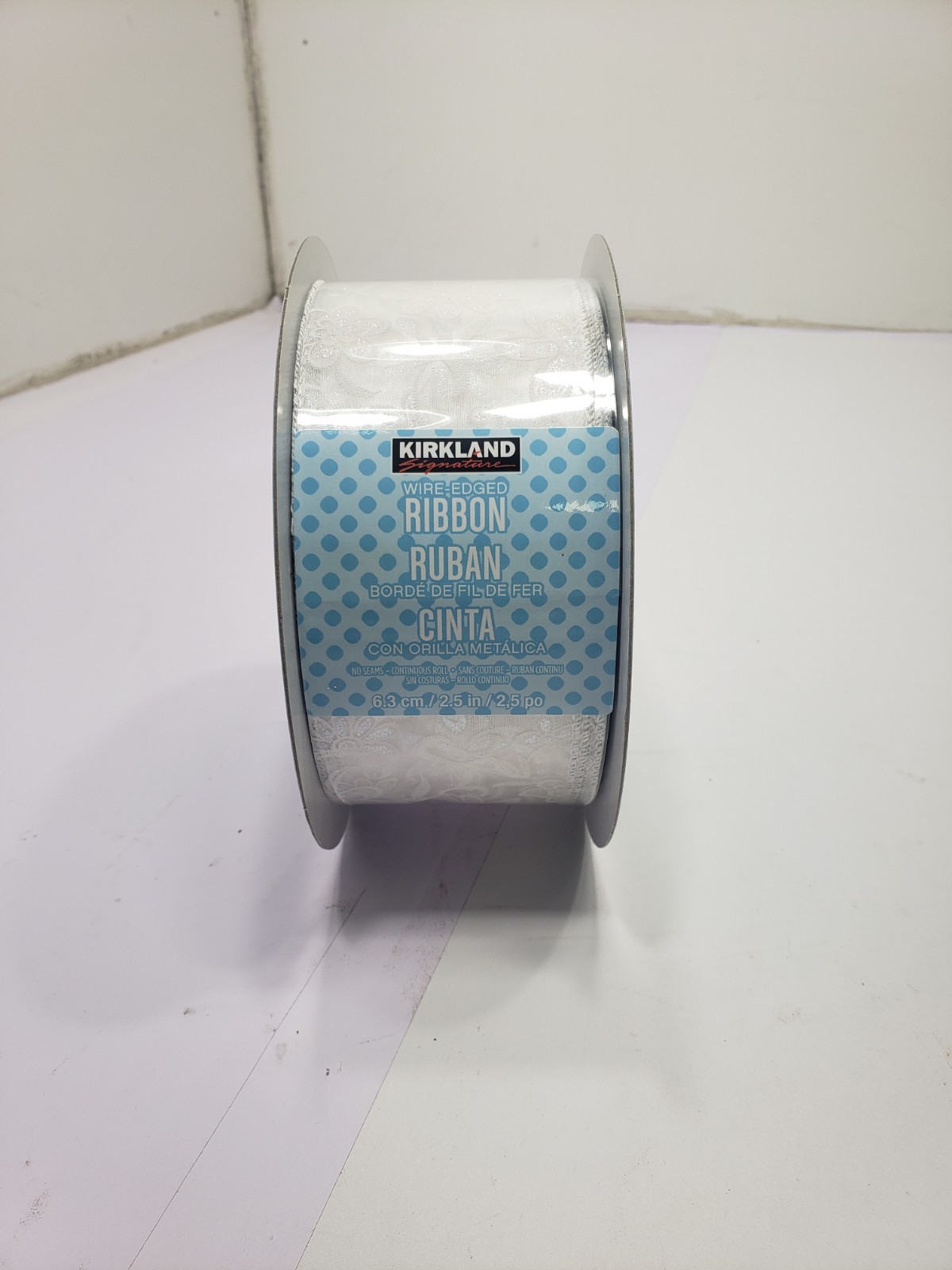 Kirkland Signature Wire Edged Ribbon WHITE GLITTER FLOWERS 45.7M 50yd