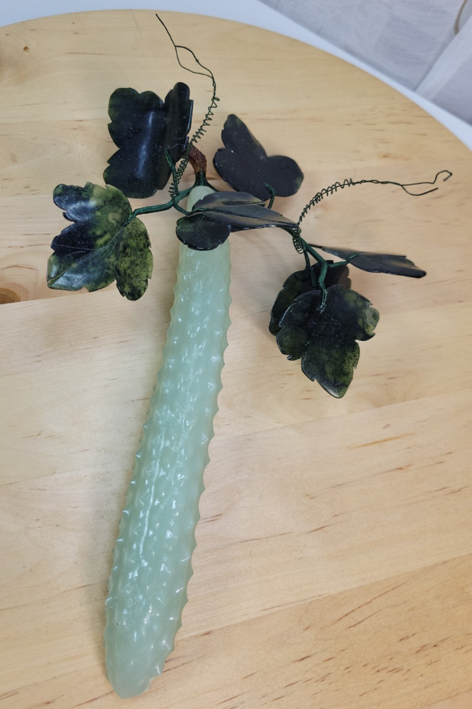 VTG Rare Chinese Green Jade Prickly Cucumber and Leaves 9.5″