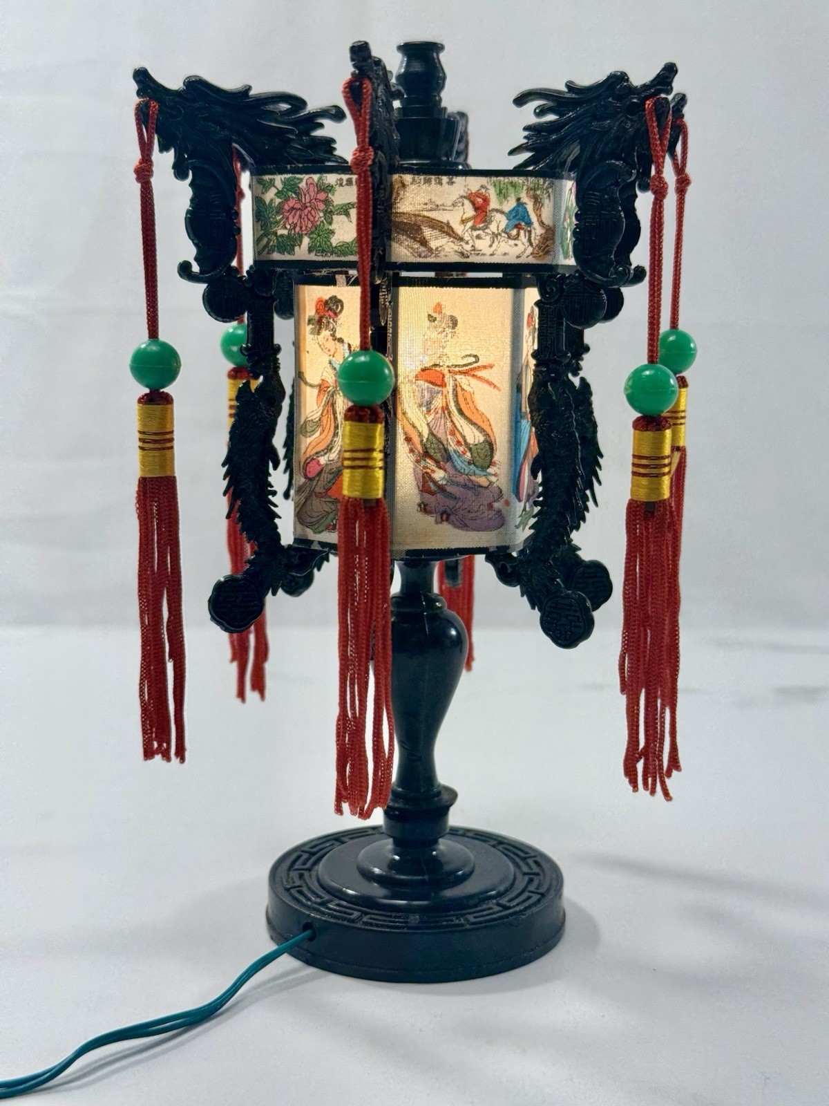 Vintage Chinese Dragon Lantern Table Lamp Light Asian Decor Red Tassels w Box