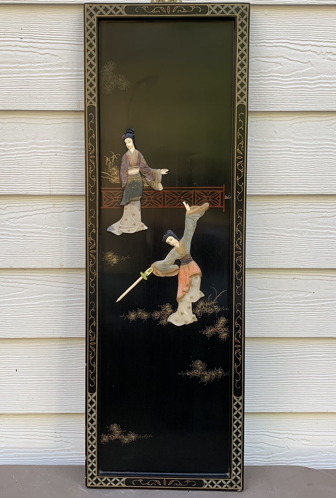 Vintage 1960’s Oriental Chinese Black Lacquer 3D Geisha Girls Wall Plaques