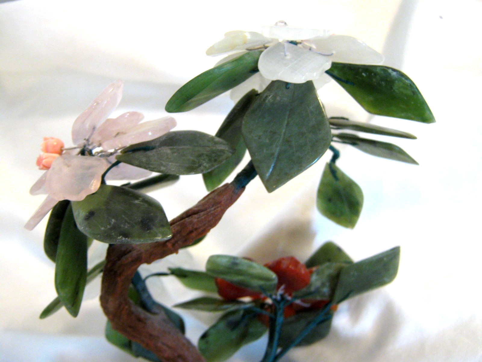 Chinese Jade Floral arrangement, Bonsai Tree, stone flowers & pot approx. 9″x6″