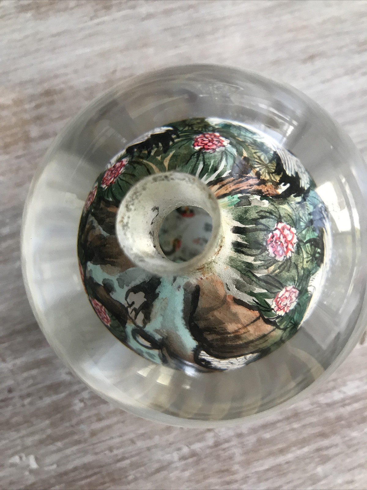 VTG Reverse Painted Glass Ball Sphere Paper Weight Oriental Asian Swan Bird