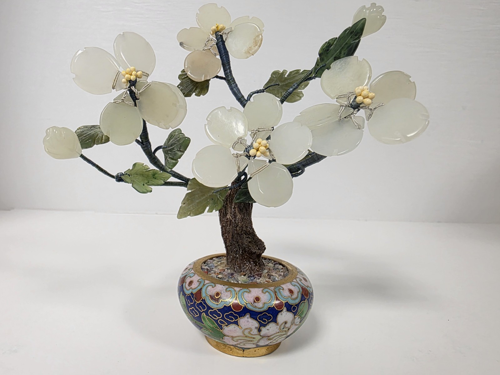 Asian Bonsai Tree Blossom Cloisonne Floral Pot White And Green Stone Jade?