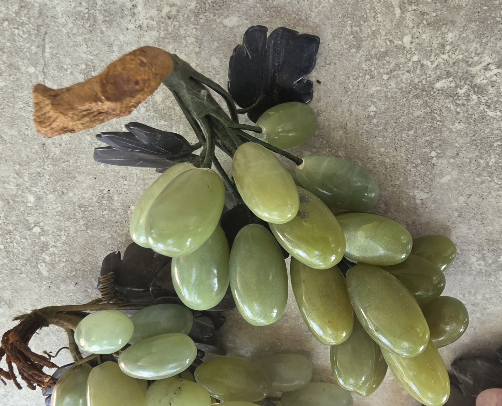 Lot 3 Vtg Green Jade Pink Quartz Chinese Stone Grape Leaf Clusters Carved Leaves