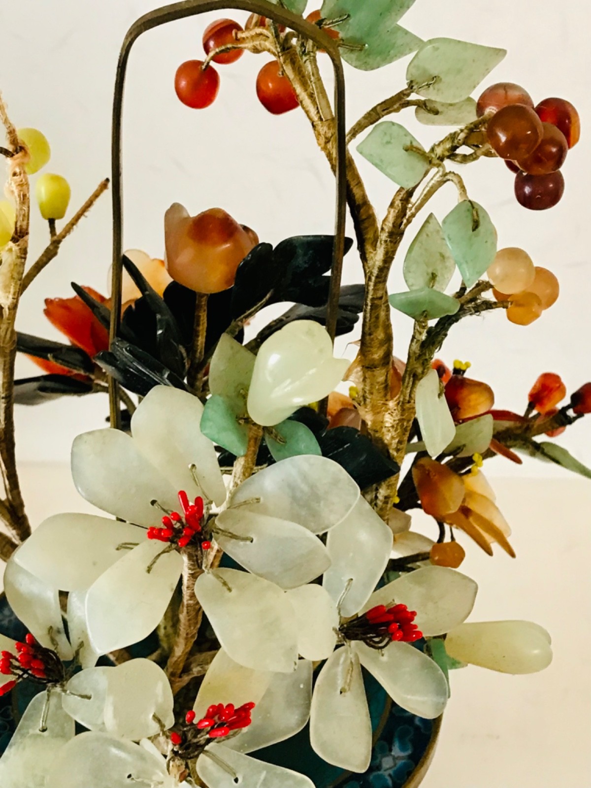 Chinese Cloisonne Jade Tree Flower Basket 8″ Inches Tall