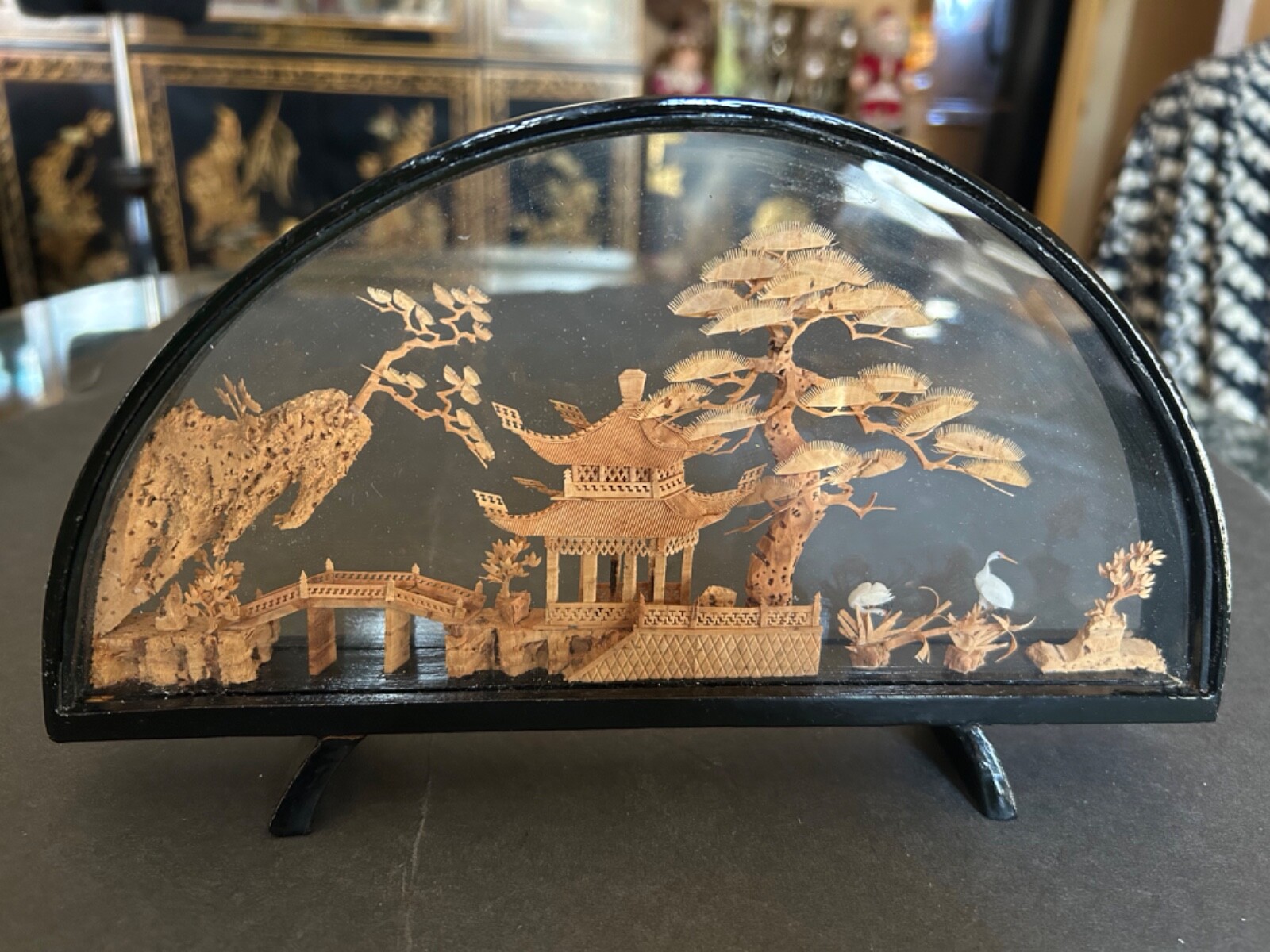 VINTAGE CHINESE SAN YOU DIORAMA CORK CARVING GLASS CASE PAGODA TREES & CRANES.