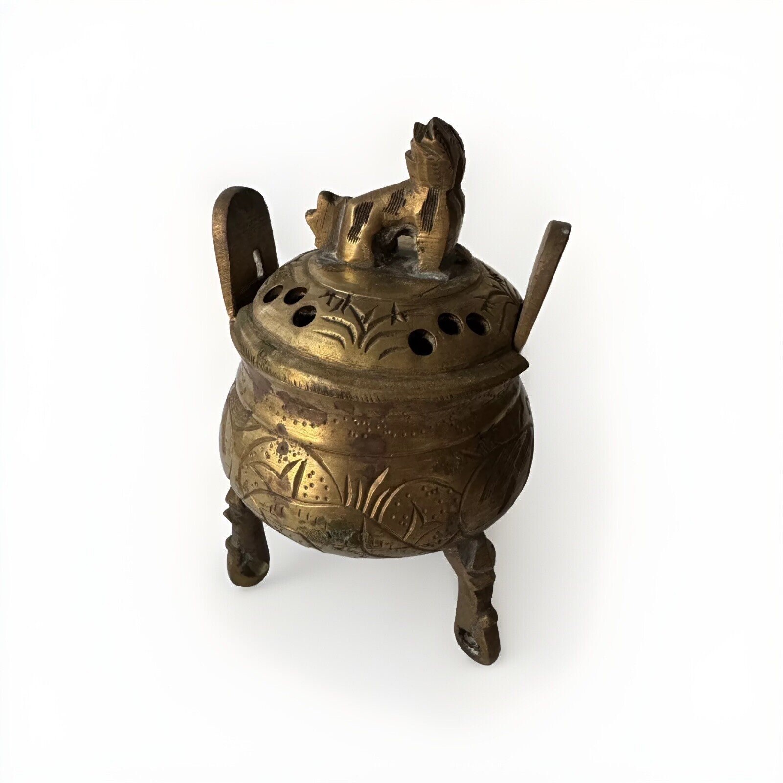 Vintage Chinese Brass Footed Incense Burner Holder Tri pod pot With Lid – Marked