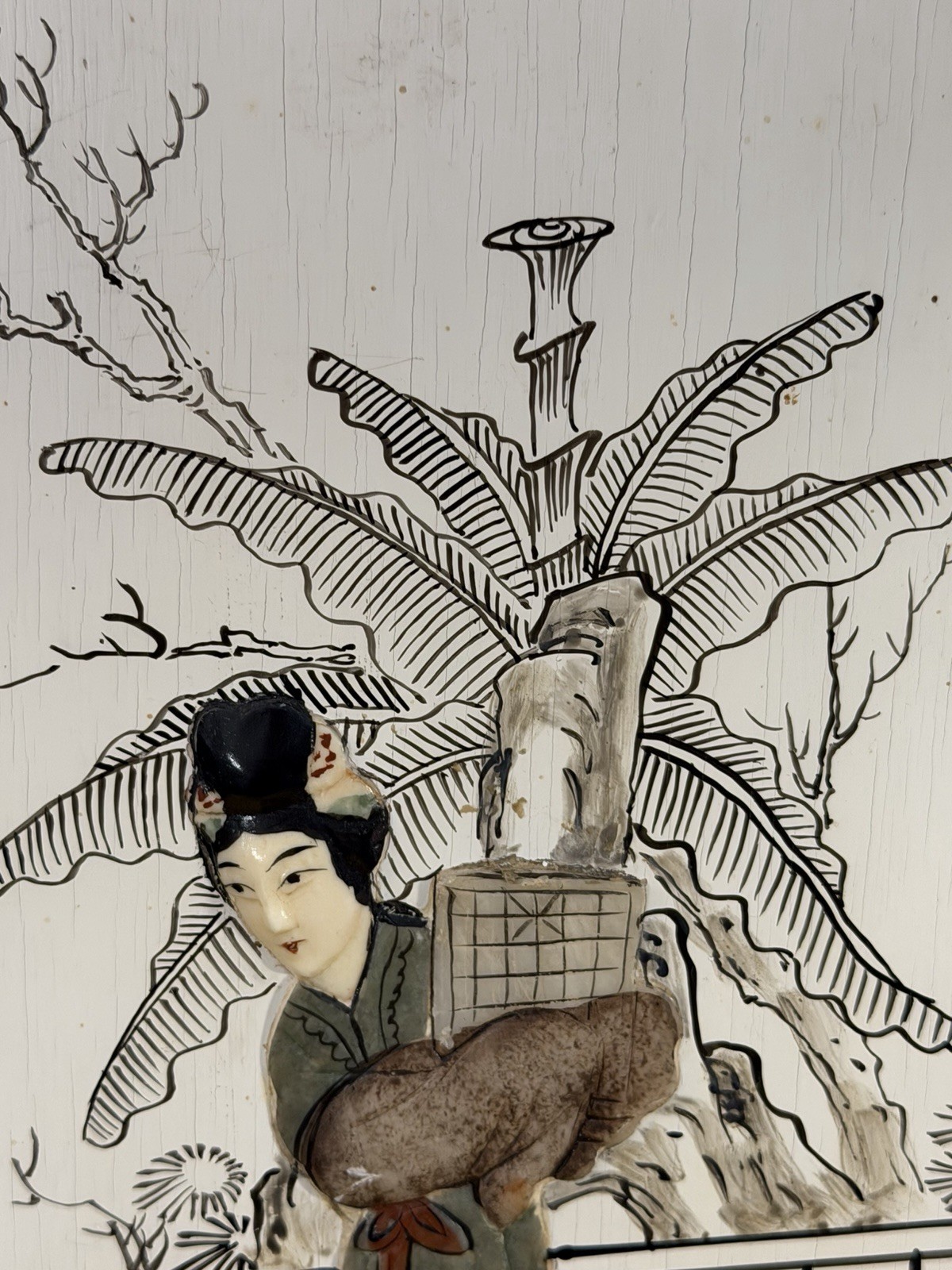 VTG Chinese Black Lacquer Wall Panels Pair Mother Pearl Inlay Geisha Art 19.5×9
