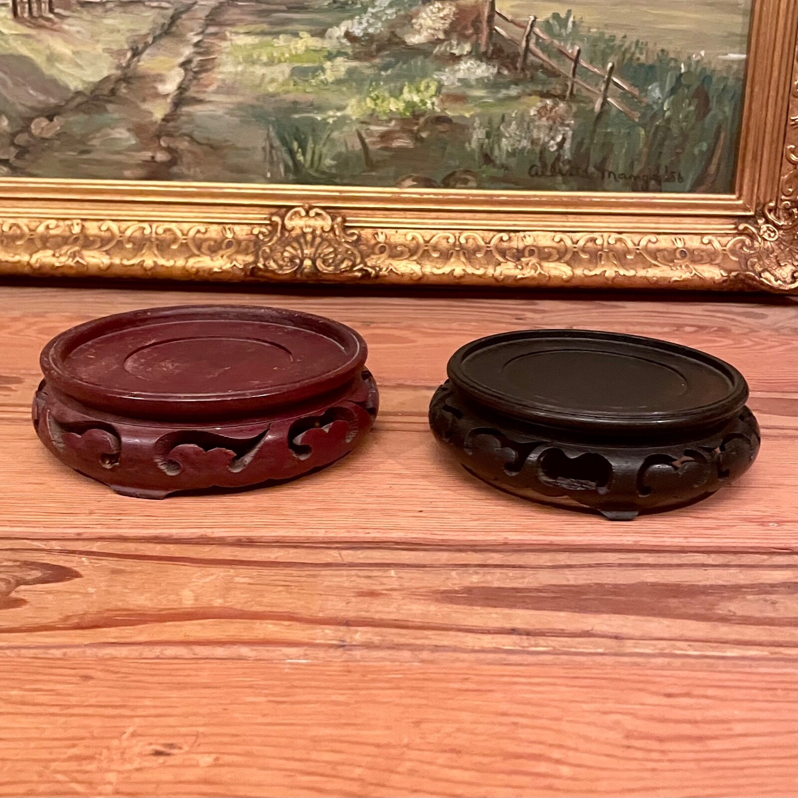 Lot Of 2 Large Chinese Wooden Stands Inside 1 @ 3.75″ – 1 @ 4″