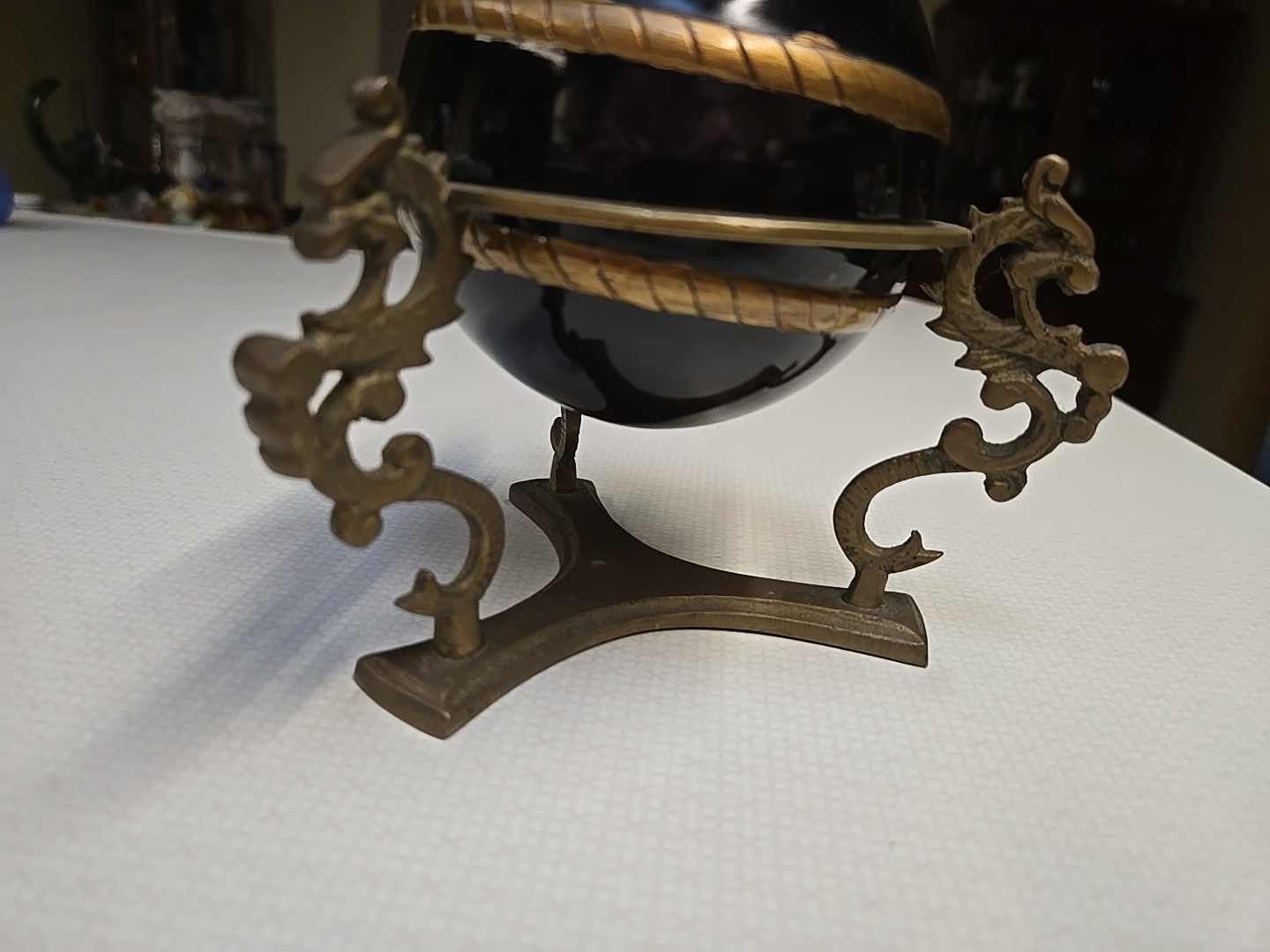 Vintage Brass 3 Dragon Sphere Stand With Hand Painted Black Wooden Ball RARE