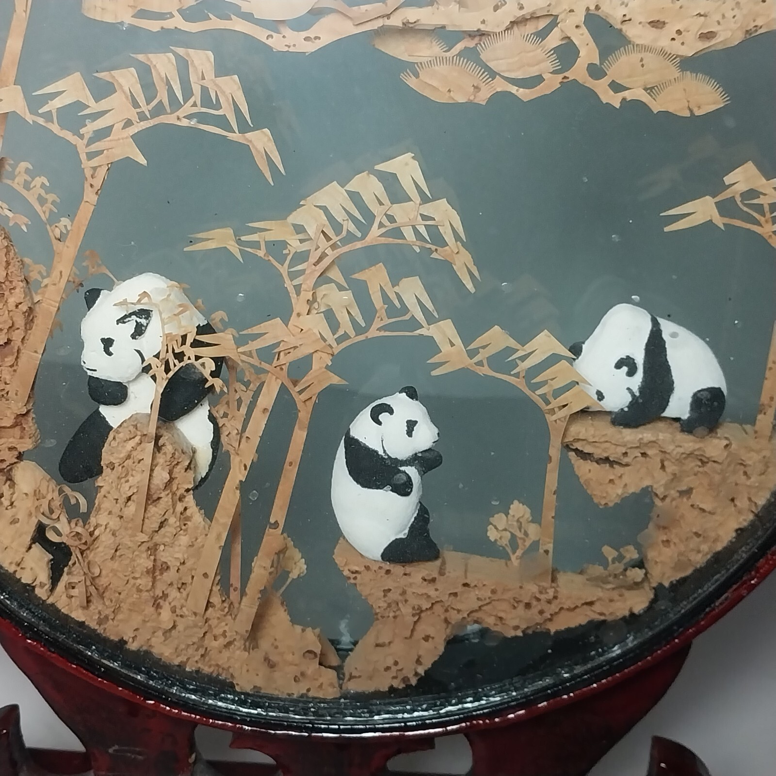 Antique Asian Carved Cork Framed Glass Diorama w/ Panda Bear Figures on Stand